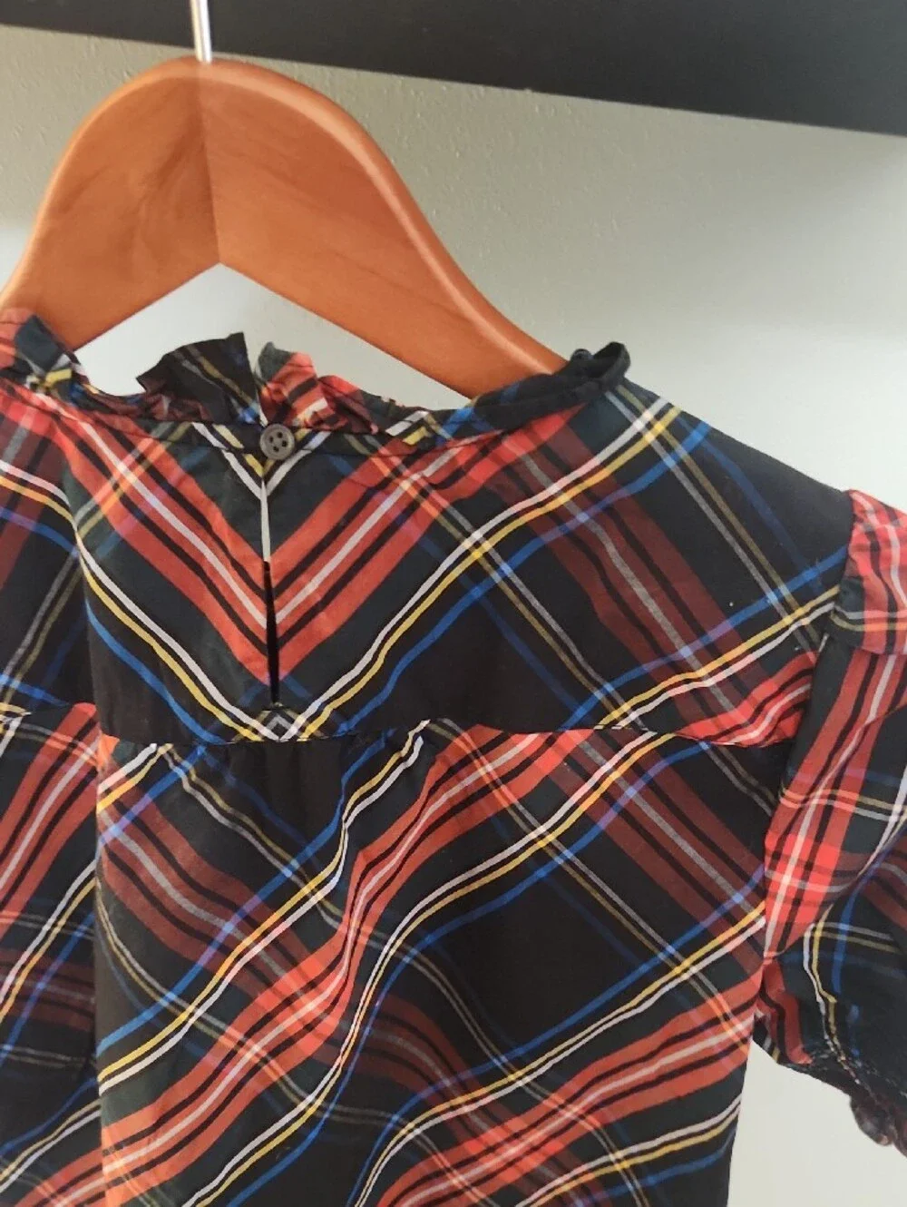 J. Crew Navy, Red and Yellow Plaid Short-Sleeve Puff Top